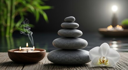 Balanced serenity, zen stones aligned with tranquil ambiance and orchid bloom