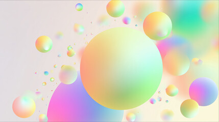 Colorful spheres and bubbles float in dreamy, abstract composition, creating sense of chaos and harmony. soft gradients and reflections evoke playful, vibrant atmosphere