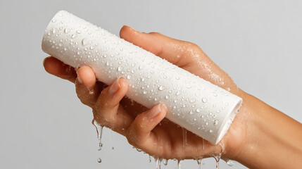 Feminine hand holds white sunscreen tube, glistening with water droplets, conveying refreshing and hydrating feel. image captures essence of skincare and sun protection