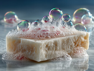Close up photograph of white soap bar surrounded by colorful bubbles and foam, creating fresh and clean atmosphere. image captures texture of soap and playful nature of bubbles, evoking sense