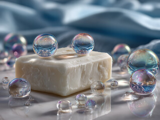 High resolution photograph of white soap bar surrounded by colorful bubbles, reflecting light beautifully. soft background adds serene atmosphere, enhancing visual appeal