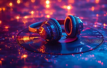 Close-up shot of a pair of headphones resting on a vinyl record with a bokeh background