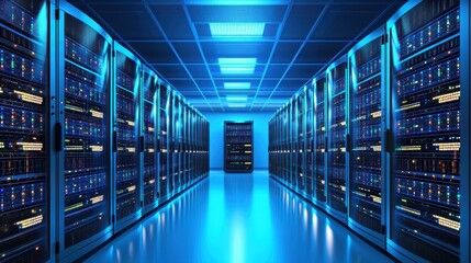 Obraz premium Modern Data Center with Rows of Servers and Blue Illuminated Lights in a High-Tech Environment for Cloud Computing
