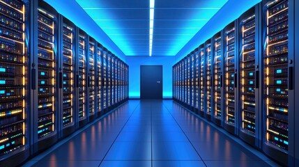 Fototapeta premium Futuristic Data Center Interior with Rows of Servers and Blue Lighting for Technology and Network Concepts