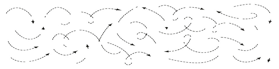 Curved dotted arrow. Collection of curved hand drawn arrows. Zigzag arrow stripes design with dotted lines. 
