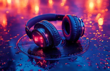 Immersive Audio Experience Vibrant Headphones on Wet Surface Reflecting Lights