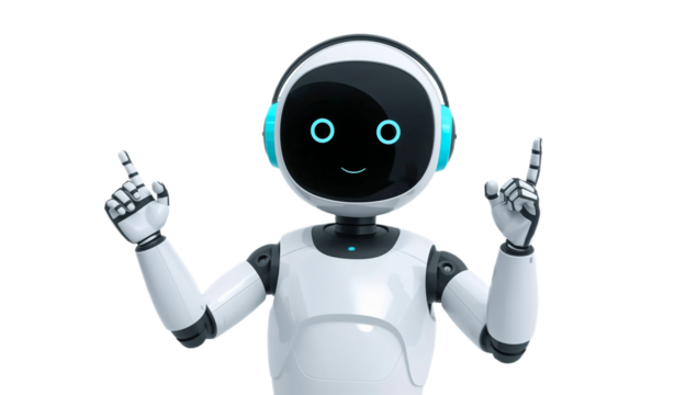 Friendly robot with illuminated eyes pointing upwards, symbolizing innovation and technology