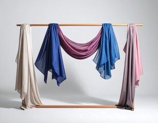 Elegant textile scarves of different colors hanging on a wooden frame