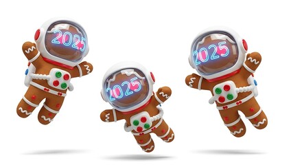 Obraz premium Gingerbread astronauts with 2025 display on white background