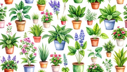 Watercolor Illustration of Assorted Potted Plants on White