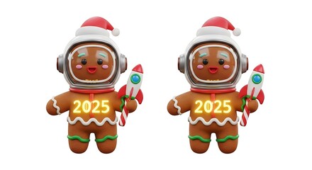 Fototapeta premium Gingerbread astronauts with rocket and santa hat on white