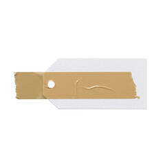 Light brown adhesive tape with wrinkles and textures, adhering to a blank white paper tag on a transparent background, flat lay, concept of clean minimalist product display