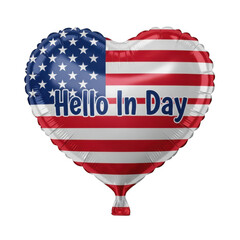 Heart shaped american flag balloon with hello in day message isolated on transparent background