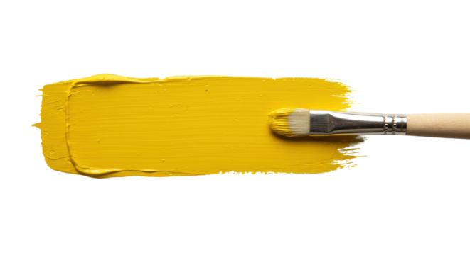 Vibrant yellow acrylic brush stroke, textured, with visible bristles, alongside a clean artist's paintbrush, light wood handle, on solid transparent, precise art supply concept