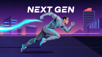 Futuristic Athlete Sprinting with Glowing Energy and Neon Cityscape Background