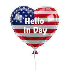 American flag heart balloon with hello in day text isolated on transparent background