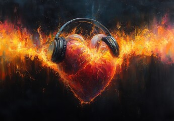 Fiery Heart with Headphones A Passionate Symphony of Music and Emotion Ignites the Soul