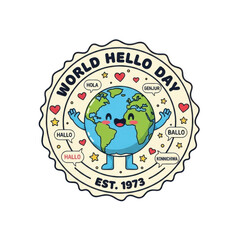 Cute cartoon earth character celebrating world hello day isolated on transparent background