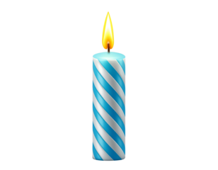 Single Striped Birthday Candle with Bright Flame, Vertical Standing, Isolated on Transparent Background