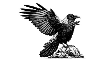 Detailed vector illustration of a raven in profile with wings spread perched on a rock