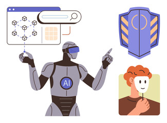 AI robot interacting with blockchain data, shield symbol for cybersecurity, person holding mask symbolizing online identity. Ideal for technology, AI, blockchain, security, digital privacy
