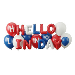 Red white and blue balloons spell out hello monday isolated on transparent background
