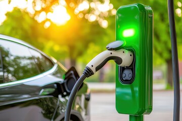 Modern electric vehicle charging station with green light and black car in a sunny outdoor setting during golden hour