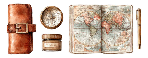 Vintage Map Illustration with Travel Essentials on Transparent Background