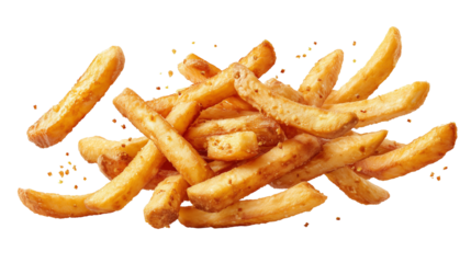 crispy golden french fries, flying mid air, scattered around | transparent png