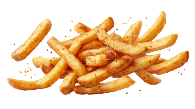 crispy golden french fries, flying mid air, scattered around | transparent png