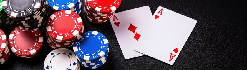 Obraz premium High-stakes poker scene with playing cards, stacks of colorful chips, and an intense gambling atmosphere for casino enthusiasts