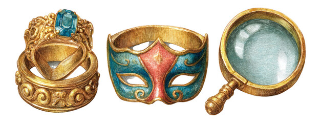 Golden Artifacts with Colorful Mask and Magnifying Glass Design