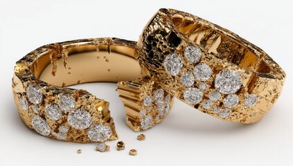 Fototapeta premium Two broken gold rings with scattered diamonds, representing a broken promise