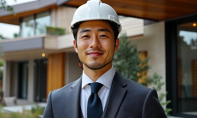 Asian Architect in Suit and White Safety Helmet at a Modern Construction Site - Powered by Adobe
