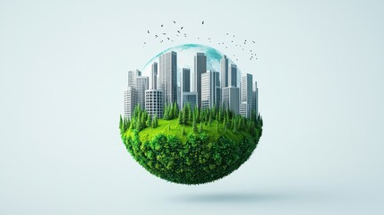 Green City Concept with Modern Skyscrapers and Nature Integration in Round Earth Representation