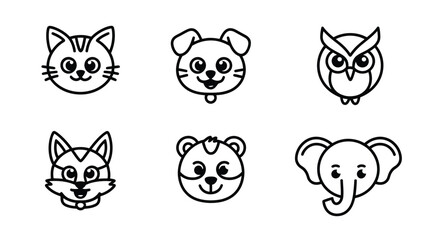 Fototapeta premium Unique set of six adorable animal face vector illustrations for versatile design applications silhouette White background