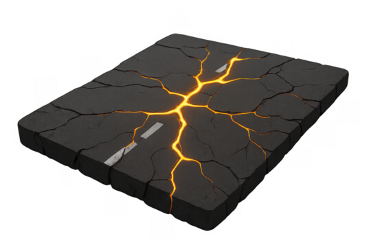 Cracked asphalt road with glowing lava fissures breaking