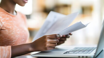 African american woman working on laptop reviewing paperwork at home