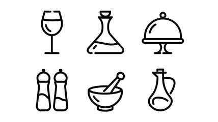 Six line art vector icons for food and drink essential kitchenware and serving elements scalable eps silhouette White background