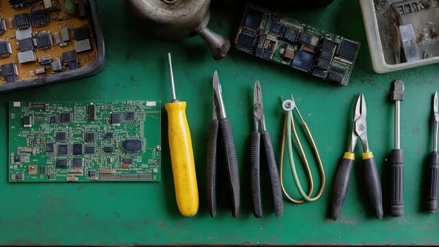 An overhead view of various tools and circuit boards arranged on a green workbench, exemplifying creativity, craftsmanship, and the intricate nature of technical work.