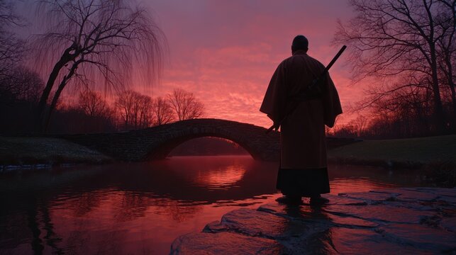 Silhouette of a lone figure with a sword at sunset over a tranquil water body - Powered by Adobe