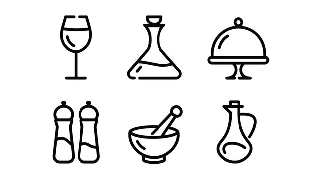 Six line art vector icons for food and drink essential kitchenware and serving elements scalable eps silhouette White background