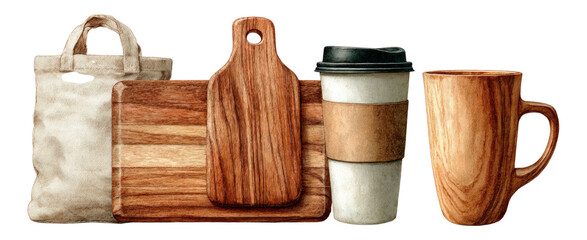 Wooden Kitchen Items and Coffee Cup with Tote Bag Illustration