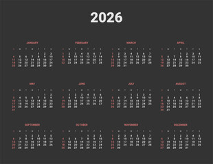 Annual Calendar Template 2026. Vector layout of wall or desk vertical simple calendar with week start on Sunday in black dark color. Weekends highlighted in red. Page A4 in Minimal style for print