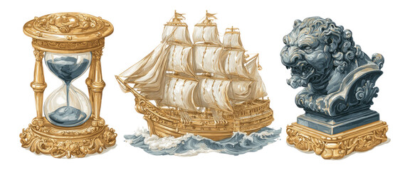 Vintage Objects with Ship, Hourglass and Lion Sculpture Art