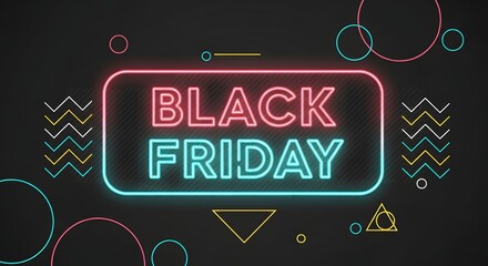 Black friday neon sign with geometric shapes and circles on a dark background, advertising sale event