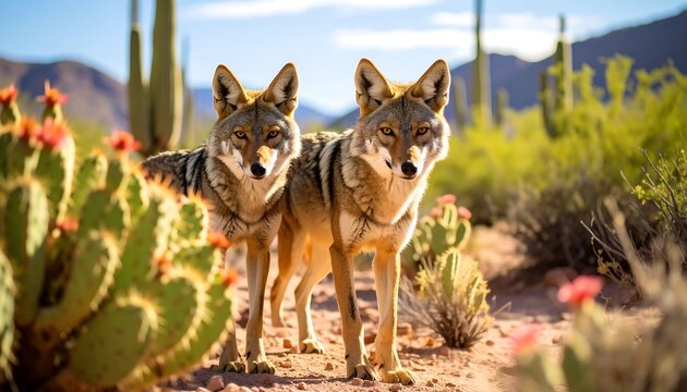 Two Coyotes Standing Amidst Desert Landscape & Cacti