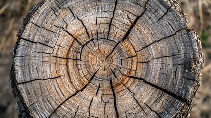Fototapeta premium Detailed closeup of weathered tree stump revealing age rings and cracks, rustic texture