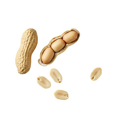 Macro overhead view of unshelled, opened, and shelled peanuts with sea salt on seamless transparent background, high-key studio lit, sharp focus, pristine food product concept