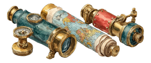Vintage Telescope Set with World Map and Intricate Details